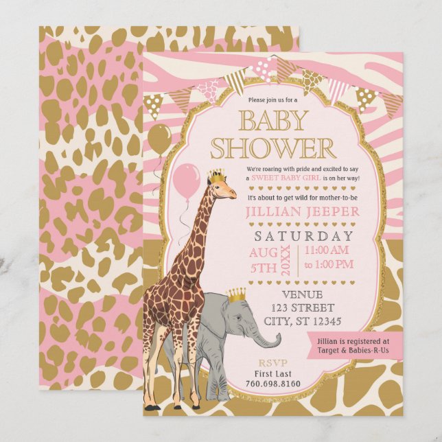 Invitation Baby shower Safari (Rose fille) (Devant / Derrière)
