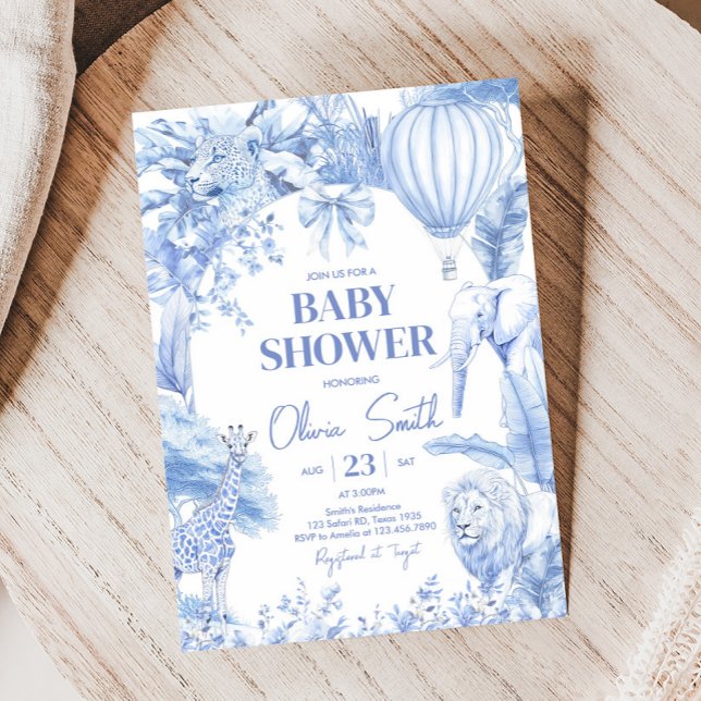 Invitation Baby shower Safari Toile Bleu (Blue Bow Toile Safari Baby Shower Invitation)