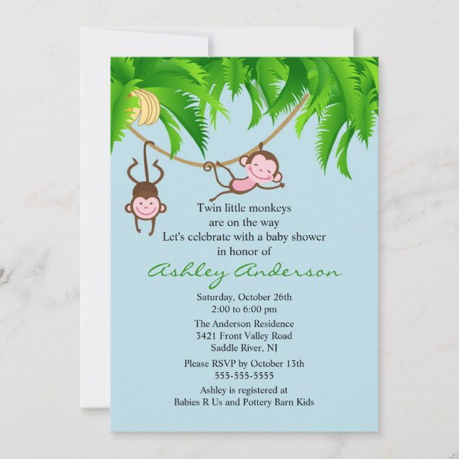 Invitation Baby shower Safari Twin Monkeys (Devant)