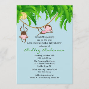 Invitation Baby shower Safari Twin Monkeys