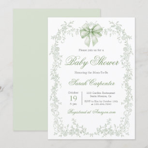 Invitation Baby shower Sage Green Toile et Bow