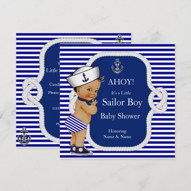 Invitation Baby shower Sailor Boy Blue Stripe Brunette (Devant / Derrière)