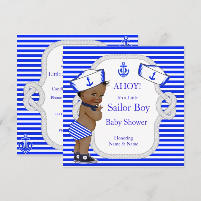 Invitation Baby shower Sailor Boy Royal Blue Stripe ethnique (Devant / Derrière)