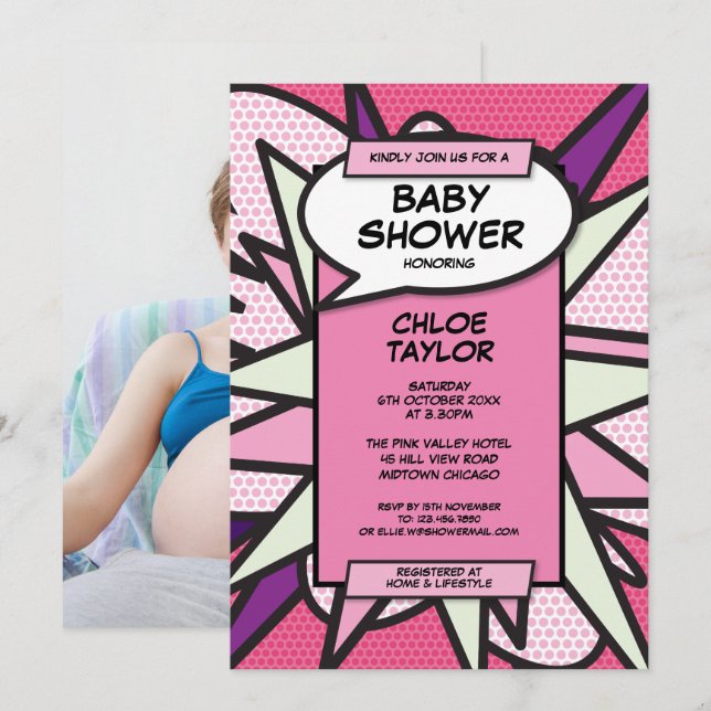 Invitation Baby shower Saupoudrer moderne bébé fille rose pho (Devant / Derrière)