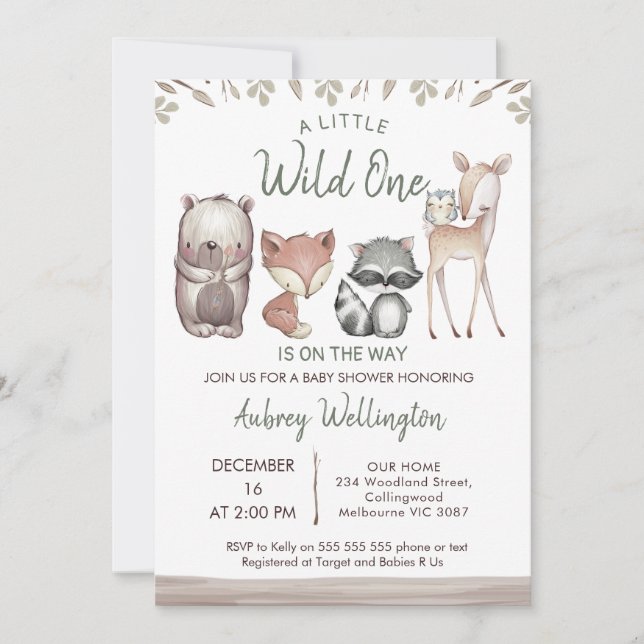 Invitation Baby shower sauvage rustique d'animaux de bois (Devant)