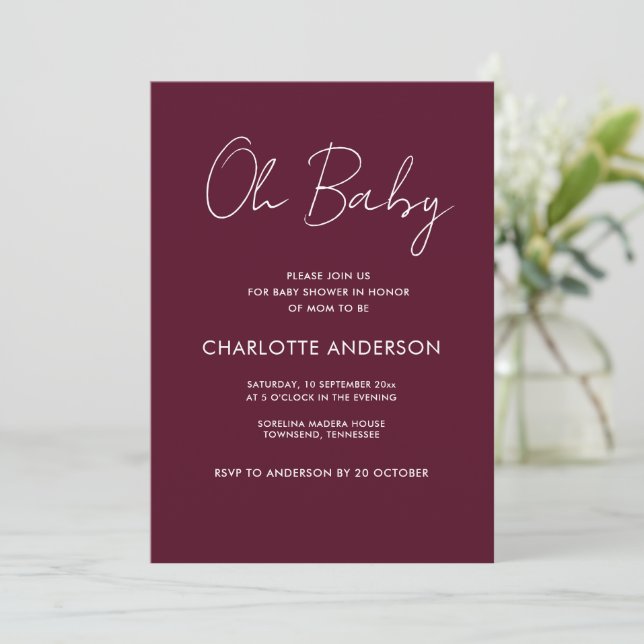 Invitation Baby shower script moderne bordeaux élégant (Debout devant)
