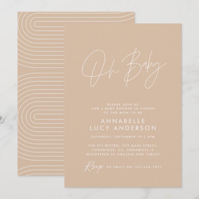 Invitation Baby shower script moderne élégant beige naturel (Devant / Derrière)