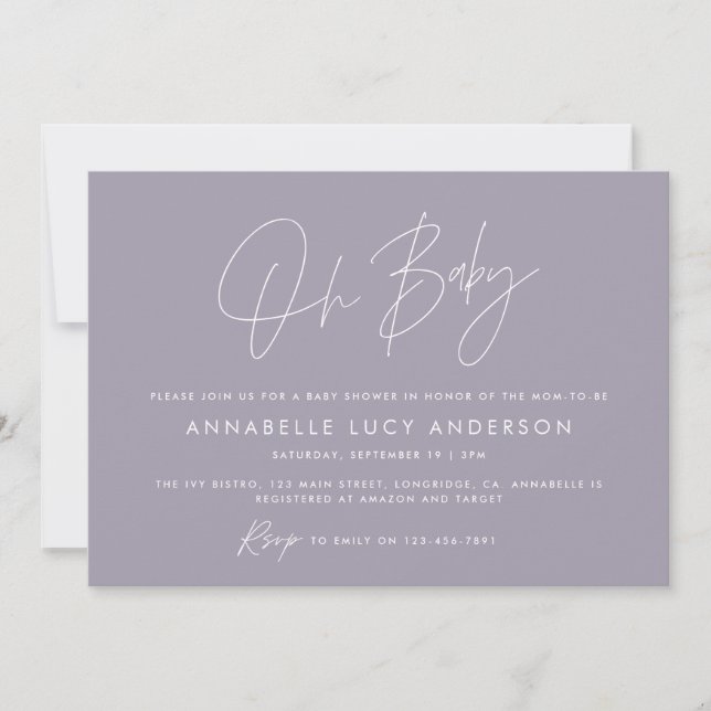 Invitation Baby shower script moderne lilas pourpre boho (Devant)