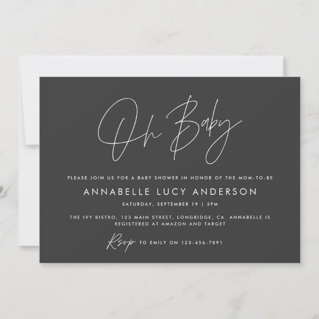 Invitation Baby shower script moderne noir blanc boho (Devant)