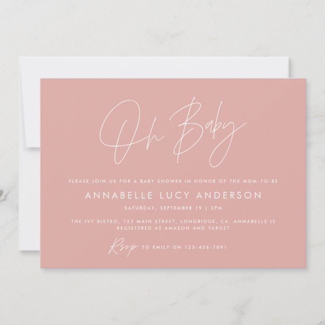Invitation Baby shower script moderne simple rose rose boho (Devant)