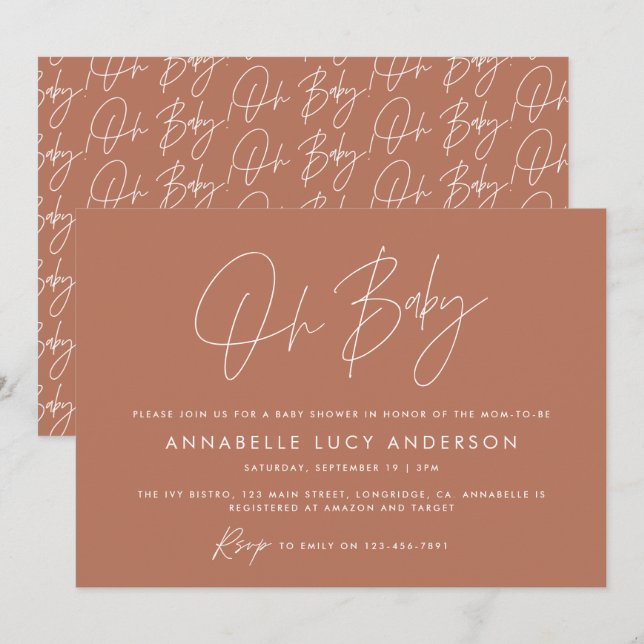 Invitation Baby shower script moderne terre cuite élégant inv (Devant / Derrière)
