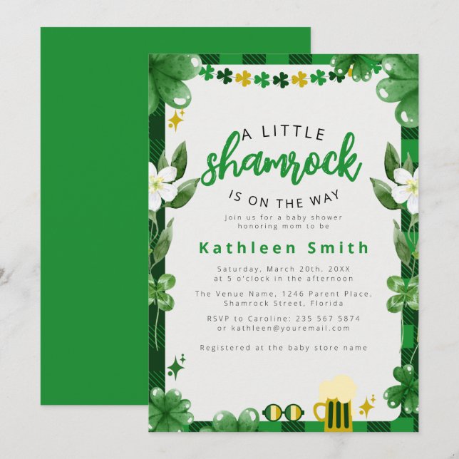 Invitation Baby shower Shamrock aquarelle (Devant / Derrière)