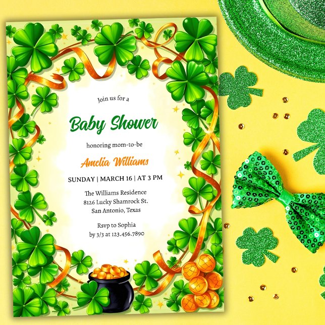 Invitation Baby shower Shamrock Gold et Lucky (Modern Gold & Lucky Shamrock Baby Shower Invitation)