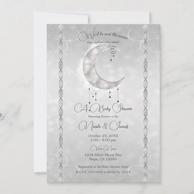 Invitation Baby shower Silvery White Crescent Moon & Stars (Devant)