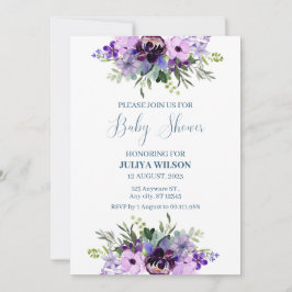 Invitation baby shower simple à fleurs violet et vert