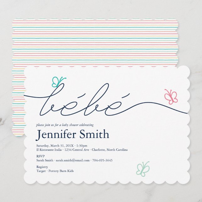 Invitation Baby shower simple à papillon français (Devant / Derrière)