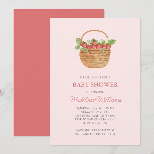 Invitation Baby shower simple aux fraises (Devant / Derrière)