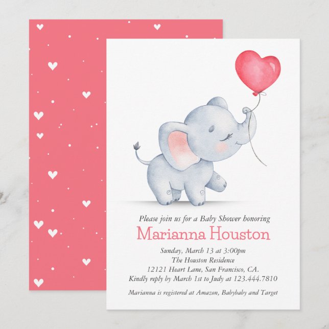 Invitation Baby shower simple éléphant et ballon cardiaque (Devant / Derrière)