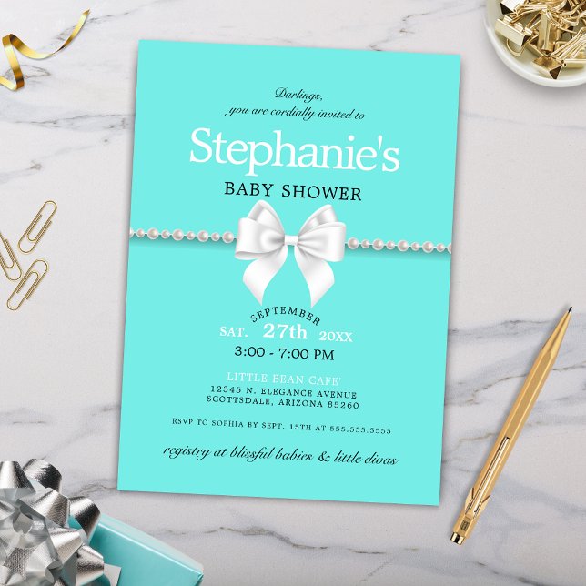 Invitation Baby shower simple et élégant Aqua Glam Tiffany (Elegant Teal Aqua Blue Girly Baby Shower Invitation with White Bow and Pearls)