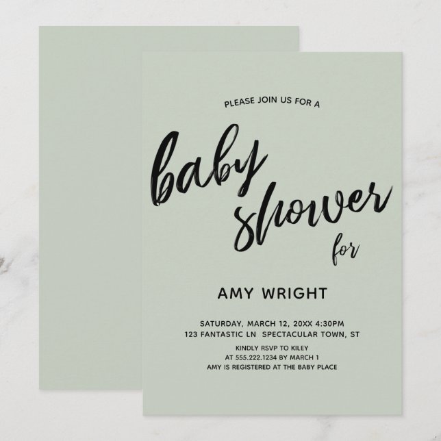Invitation Baby shower simple et moderne de vert sauge (Devant / Derrière)