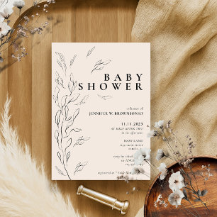 Invitation baby-shower simple floral minimal neutre ivoire