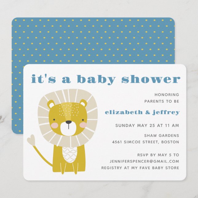 Invitation Baby shower simple moderne Blue Lion Boy (Devant / Derrière)