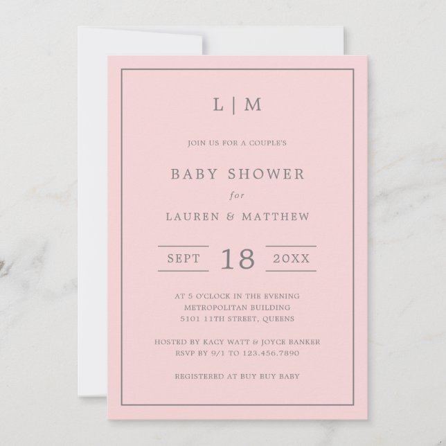 Invitation Baby shower simple Monogramme fille couples rose (Devant)