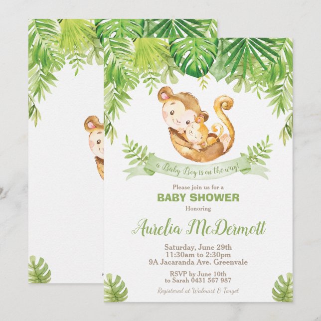Invitation Baby shower singe Jungle Animaux bébé Garçon (Devant / Derrière)