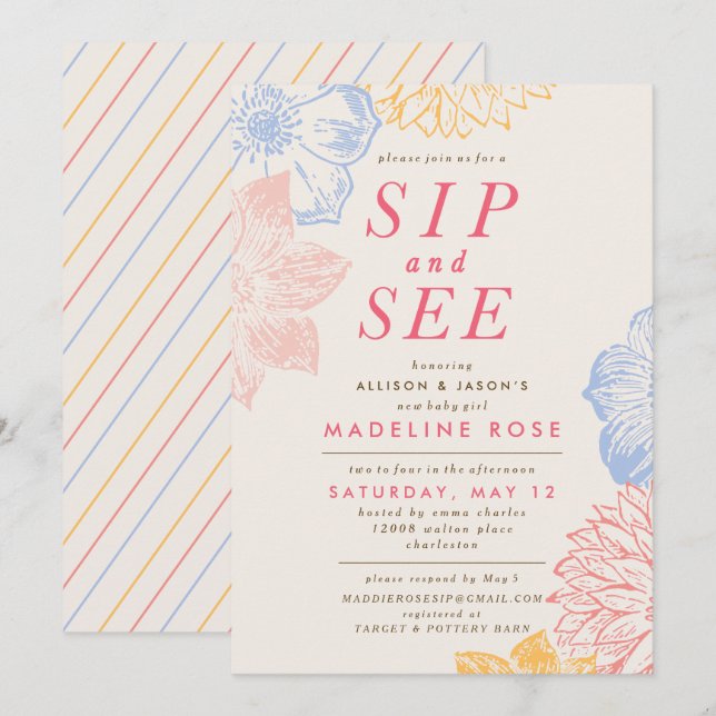 Invitation baby shower *Sip And See* (Devant / Derrière)