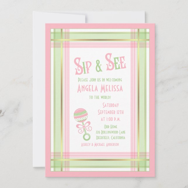 Invitation Baby shower Sip & Voir | Bois vert rose (Devant)