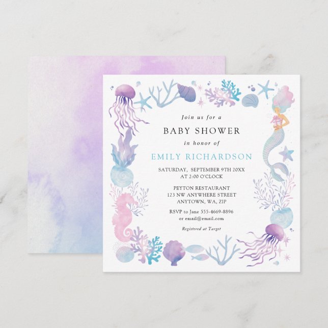 Invitation Baby Shower Sirène Aquarelle Sous La Mer (Devant / Derrière)