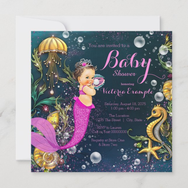 Invitation Baby shower sirène brunette rose chaud (Devant)