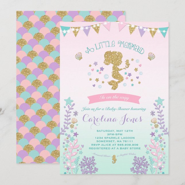 Invitation Baby shower sirène rose Turquoise pourp (Devant / Derrière)