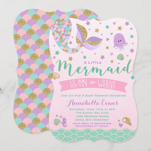Invitation Baby shower sirène rose violet Turquois (Devant / Derrière)