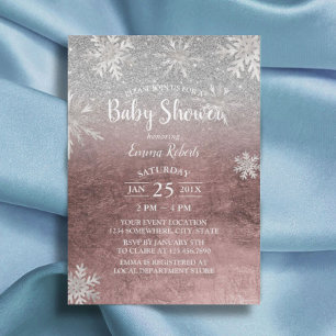 Invitation Baby shower Snowflakes Rose moderne Gold & Silver