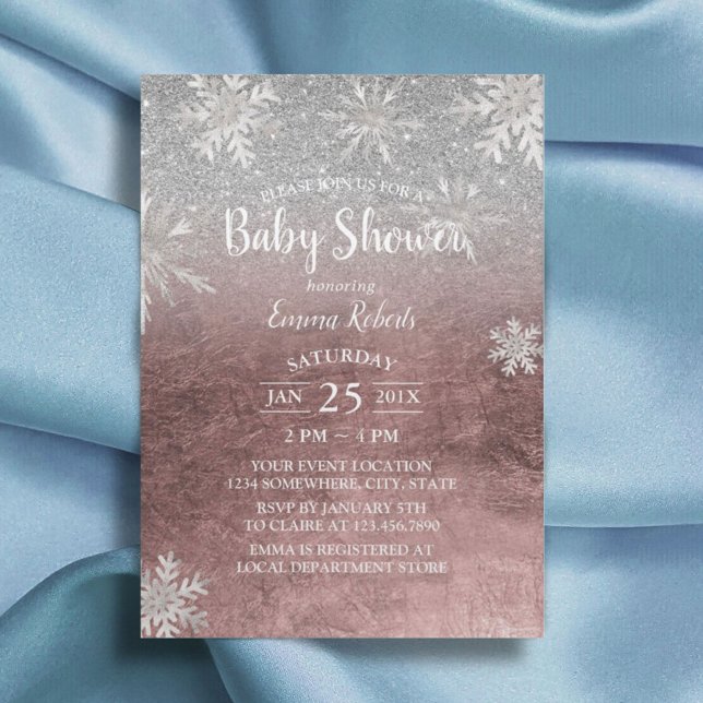 Invitation Baby shower Snowflakes Rose moderne Gold & Silver (Créateur téléchargé)