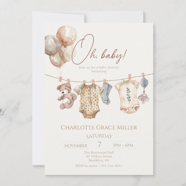 Invitation Baby shower Soft Boho Neutral Vêtements de bébé (Devant)
