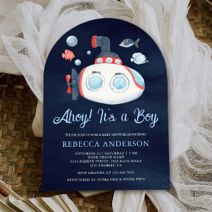 Invitation Baby Shower sous-marin mignon bleu mari