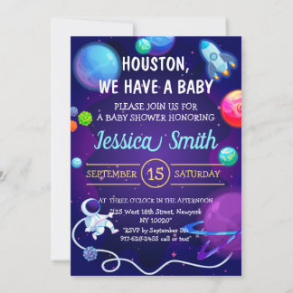 Invitation Baby shower spatial planète astronaute bleue