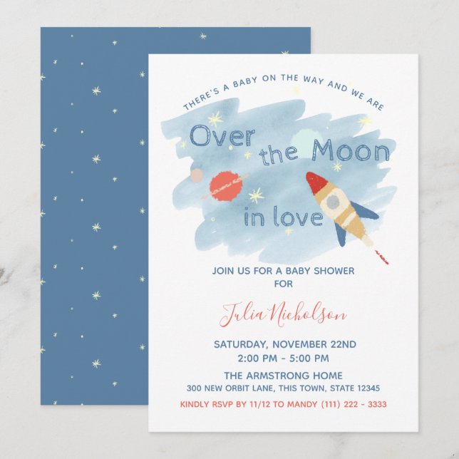Invitation Baby shower spatial sur la lune (Devant / Derrière)