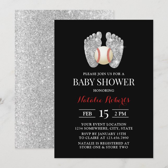 Invitation Baby shower Sport Pieds bébé et Baseball (Devant / Derrière)