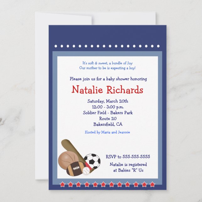 Invitation Baby shower sportif de base-ball étoile 5x7 (Devant)