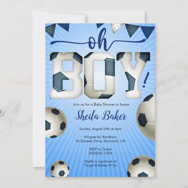 Invitation Baby shower sportif de football - Oh garçon (Devant)