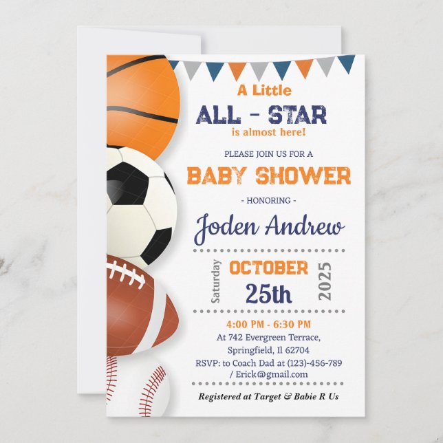 Invitation Baby shower sportif personnel tout-étoile (Devant)