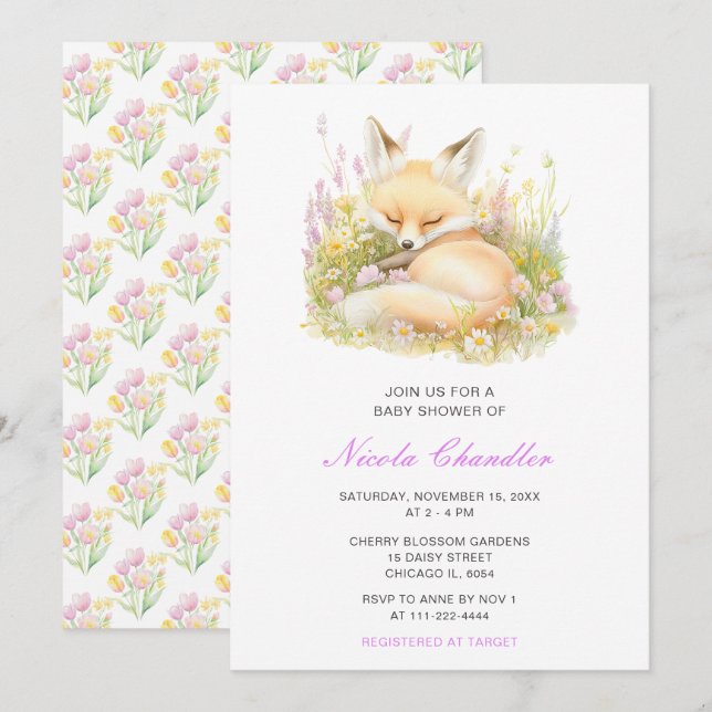 Invitation Baby shower Spring Fox (Devant / Derrière)