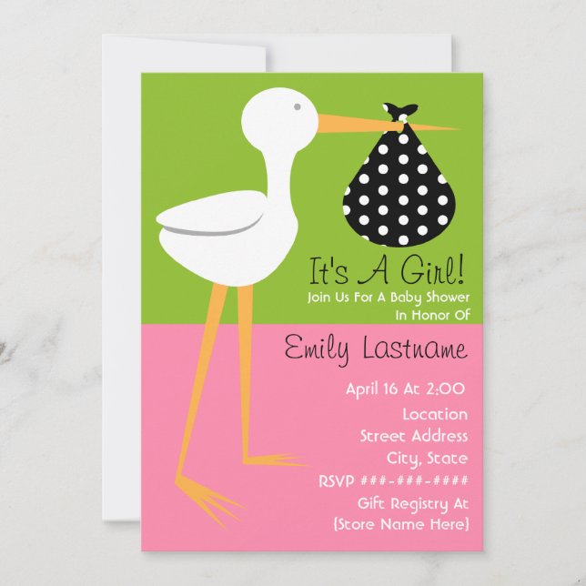 Invitation Baby shower - Stork avec paquet Polka Dot (Devant)