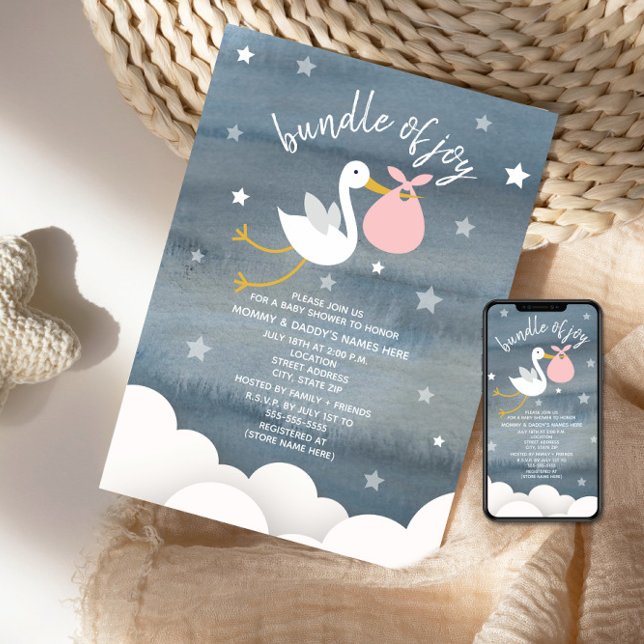 Invitation Baby shower Stork Avec Pink Bundle Stars (Créateur téléchargé)