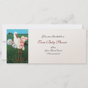 Invitation BABY SHOWER STORK TWIN, champagne métallique