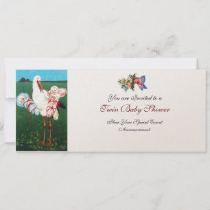 Invitation BABY SHOWER STORK TWIN, champagne métallique