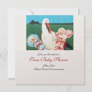 Invitation BABY SHOWER STORK TWIN, champagne métallique